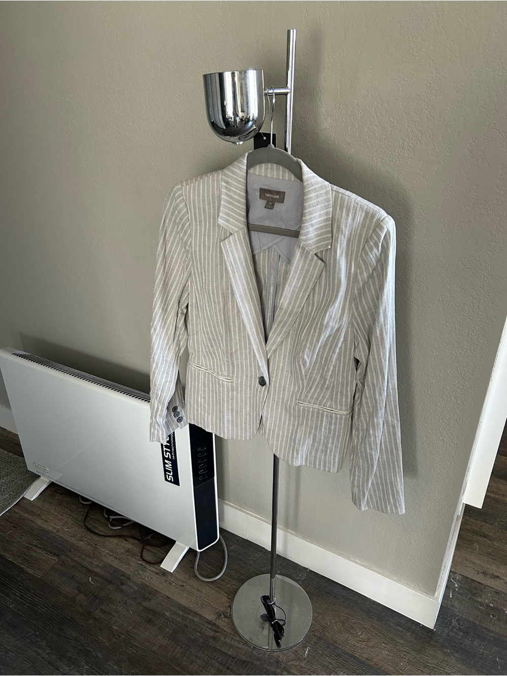 Sussan Blue Grey and White Pinstripe Linen Blend Women's Blazer